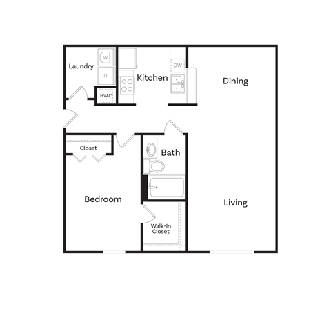 Floor plan for 1 bed, 1 bath, 800 sqft